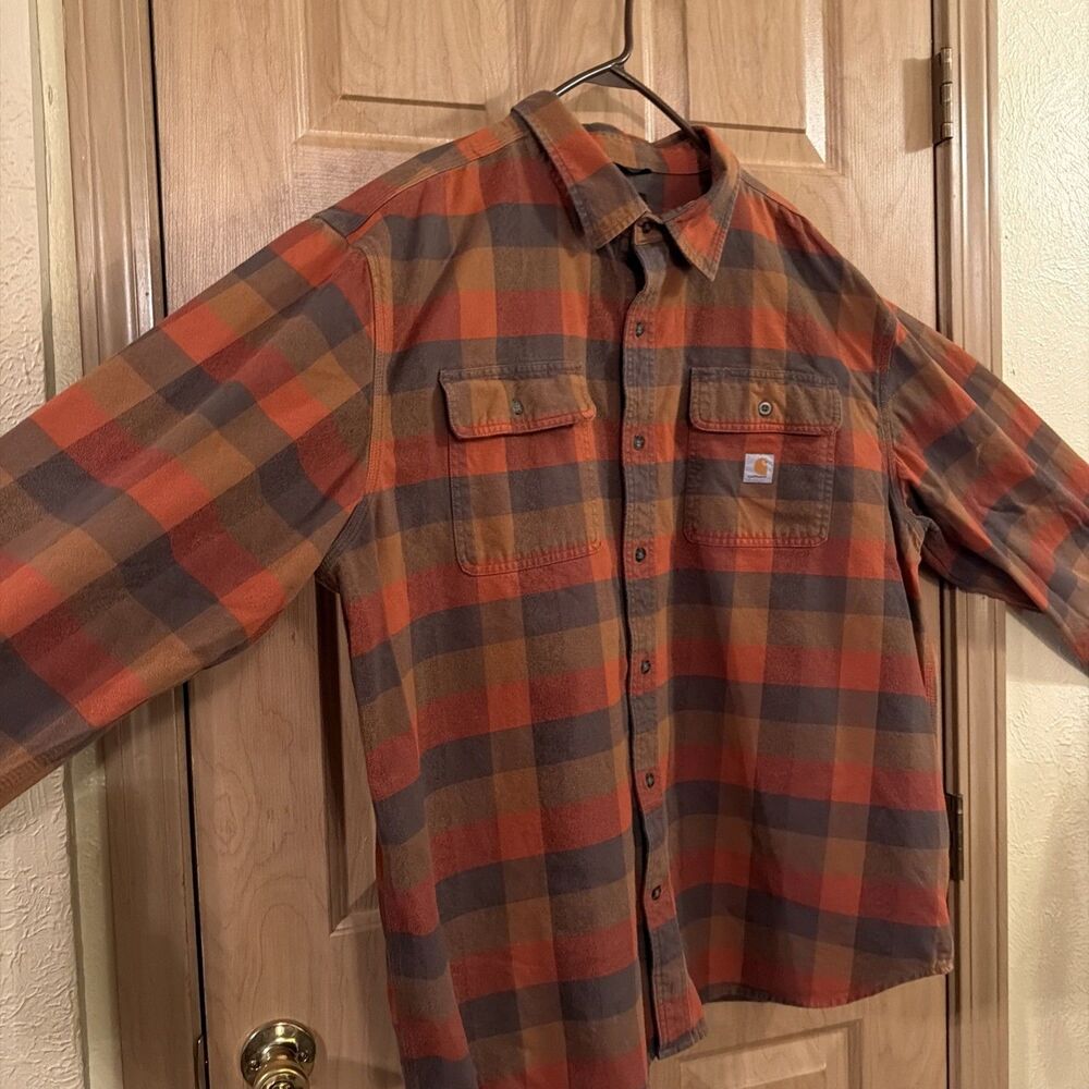 Carhartt Flannel Shirt Mens 2XL Plaid Cotton Long Sleeve Loose Fit Heavyweight!